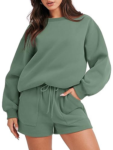 ANRABESS Women 2 Piece Outfits Sweat Shorts Sets 2026 Oversized Casual Lounge Matching Set Sweatsuit Tracksuit Fall Clothes Light Green X-Large | Amazon (US)