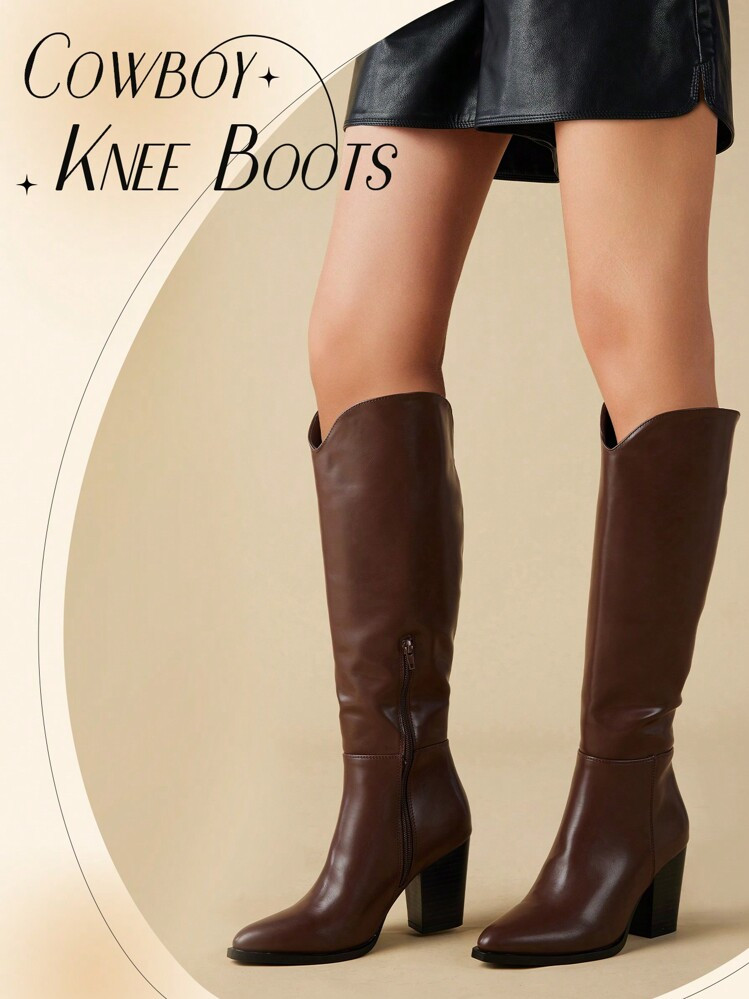 Mishansha Women's Western Style Chunky Heel Boots,Knee High Boots Pointed Toe Tall Boots V-Calf B... | SHEIN