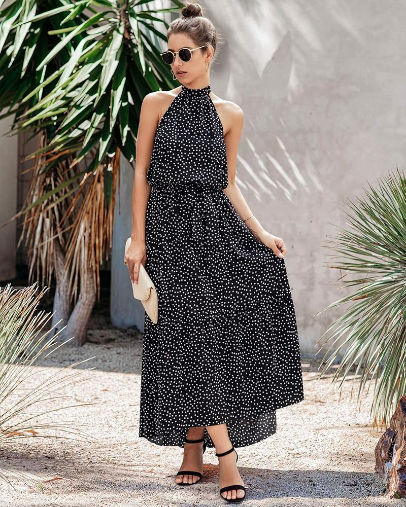 PRETTYGARDEN Women’s Casual Halter Neck Sleeveless Floral Long Maxi Dress Backless Loose Ruffle Sund | Amazon (US)