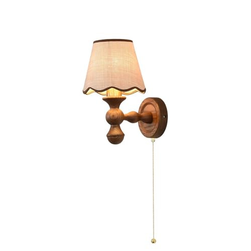Modern Nordic Walnut Wood Wall Sconce, Vintage Ash Wood Wall Lamp with Imitation Raffia Scalloped Shade, E27 16W Decorative Lighting Fixture with Pull Chain for Bedroom, Living Room | Amazon (US)