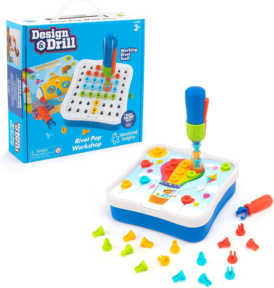 Educational Insights Design & Drill Rivet Pop Workshop, 54 Pieces with Electric Toy Drill, STEM T... | Amazon (US)