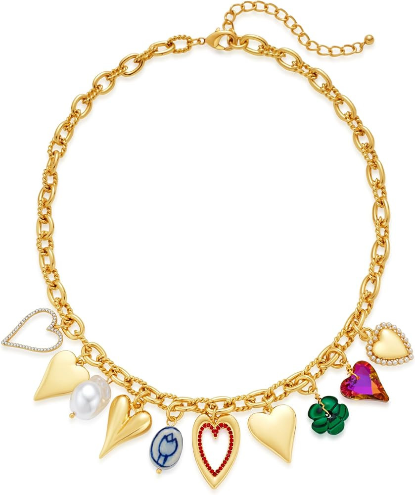 LILIE&WHITE Gold Charms Necklace For Women With Colorful Heart Necklace Chunky Gold Necklace Fash... | Amazon (US)
