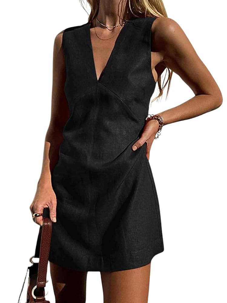 CHARTOU Women's Summer Sleeveless Mini Dress Cotton Linen V Neck Cinched A Line Slim Tank Short D... | Amazon (US)