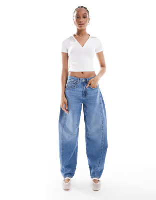ONLY Tall barrel leg jeans with seam detail in mid blue denim | ASOS | ASOS (Global)