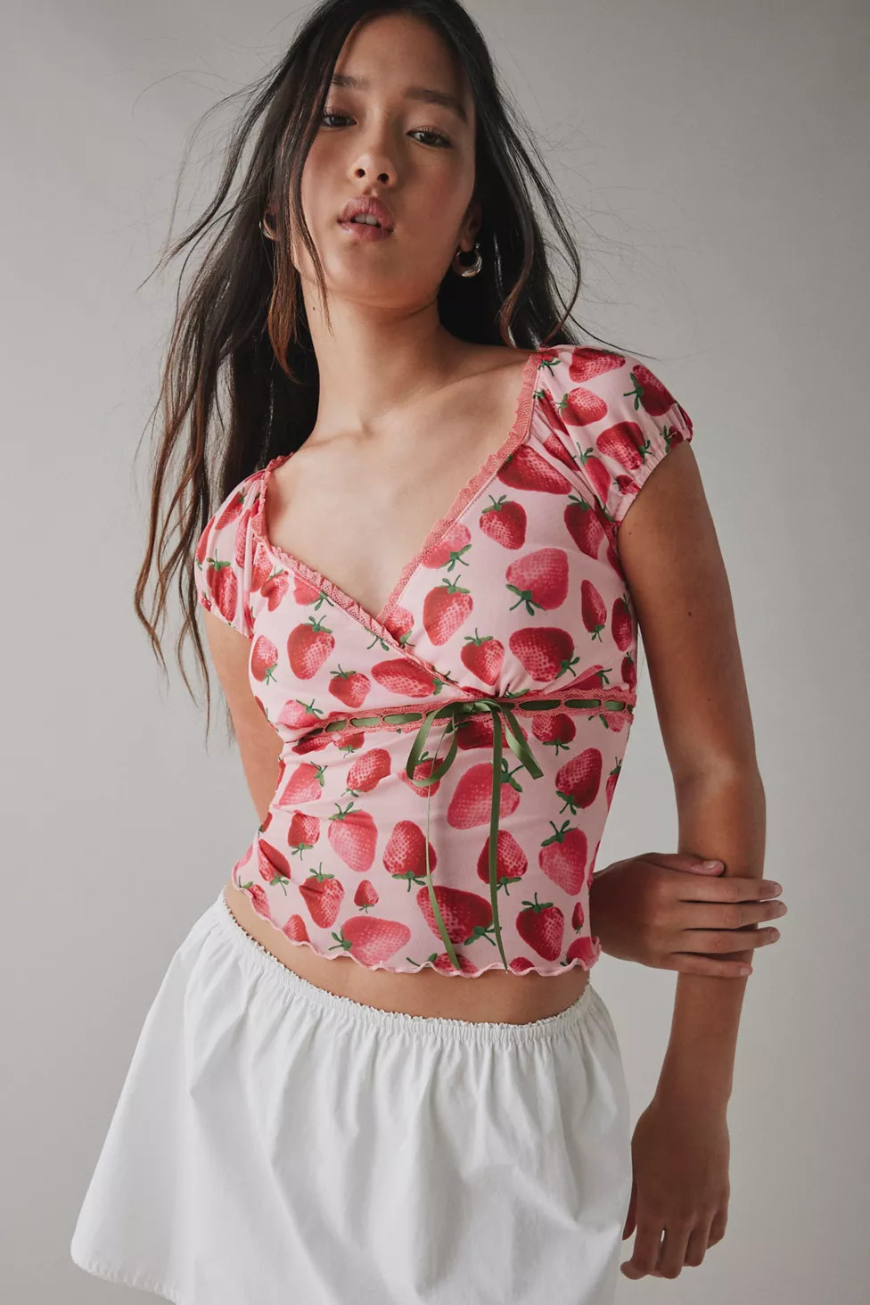 Remade By UO Remnants Strawberry Tie-Front Crop Top | Urban Outfitters (US and RoW)