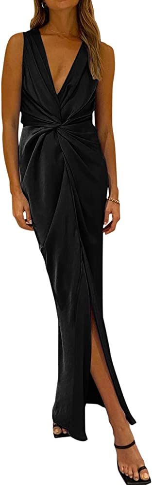 PRETTYGARDEN Women's Satin Ruched Bodycon Dress Summer 2023 Twist Front V Neck Sleeveless Split M... | Amazon (US)