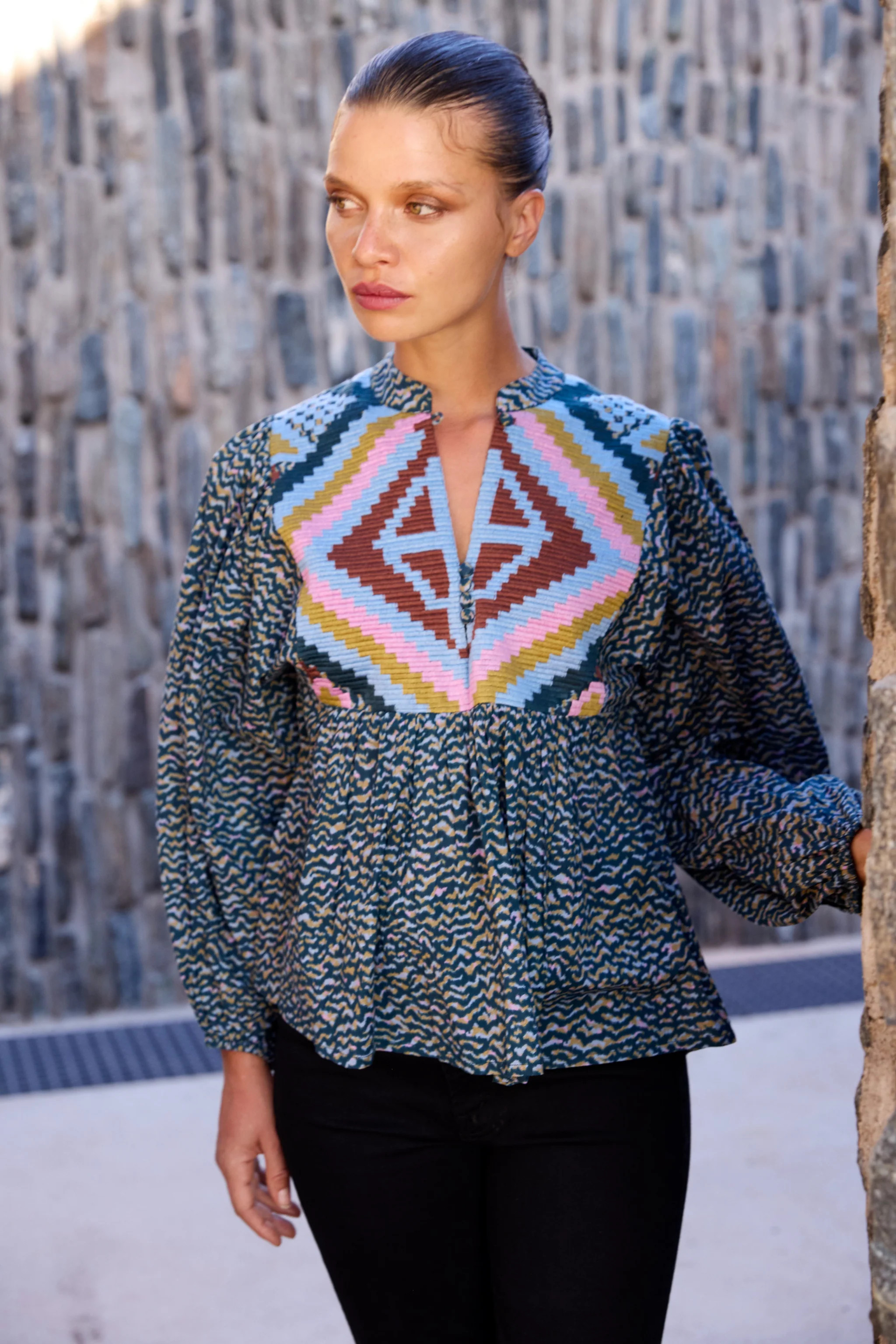 Mandarin Balloon Top- Jag Navy | Oliphant Design