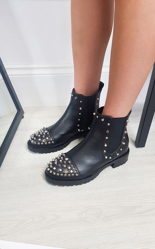 Lauren Studded Faux Leather Ankle Boots in Black | iKrush
