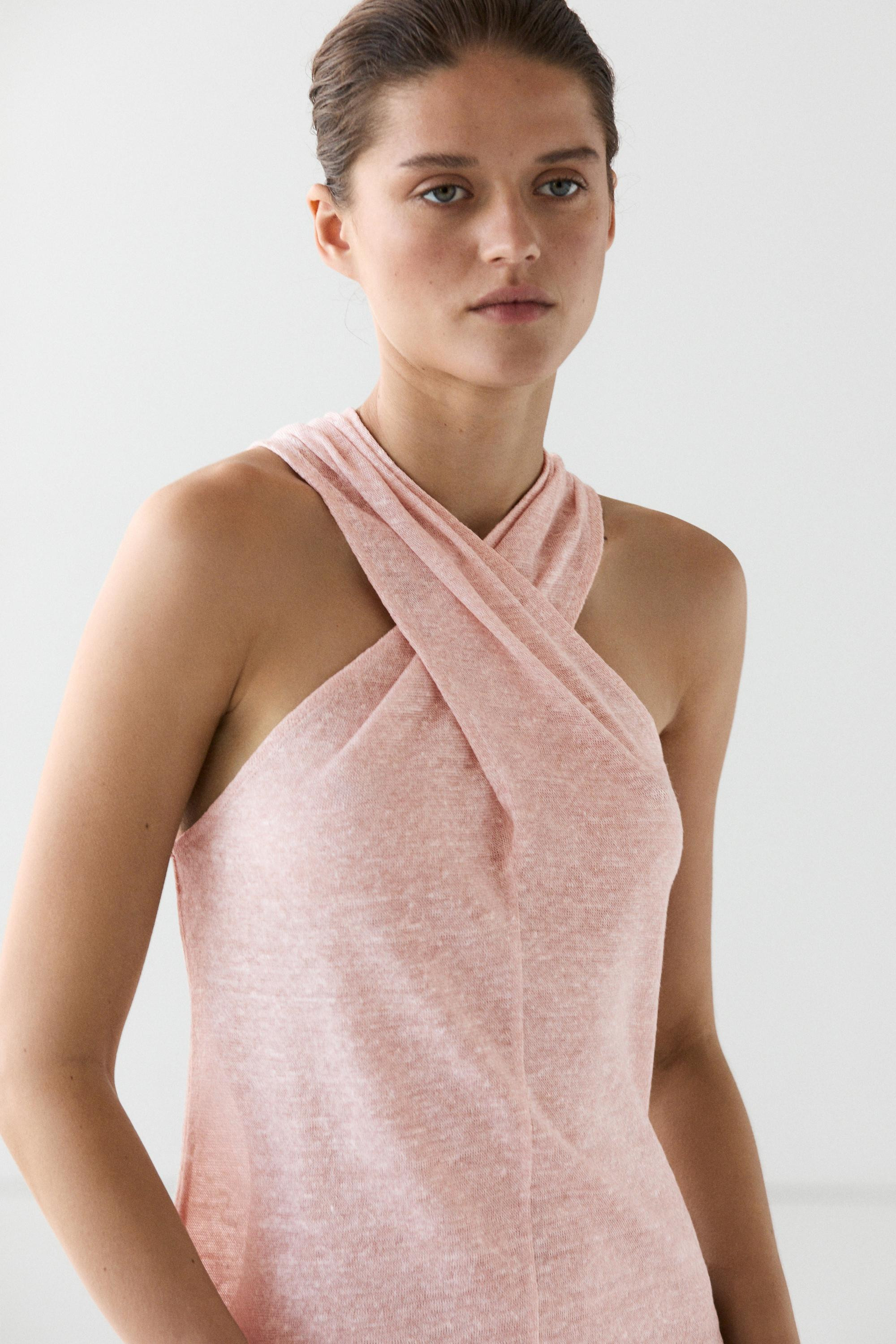 Linen blend top with surplice neckline · Chalk Pink, Brown · T-shirt | Massimo Dutti | Massimo Dutti US
