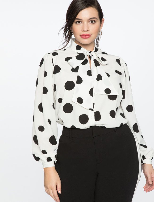 Tie Neck Blouse - Soft White Ground with Black Polka Dots | Eloquii