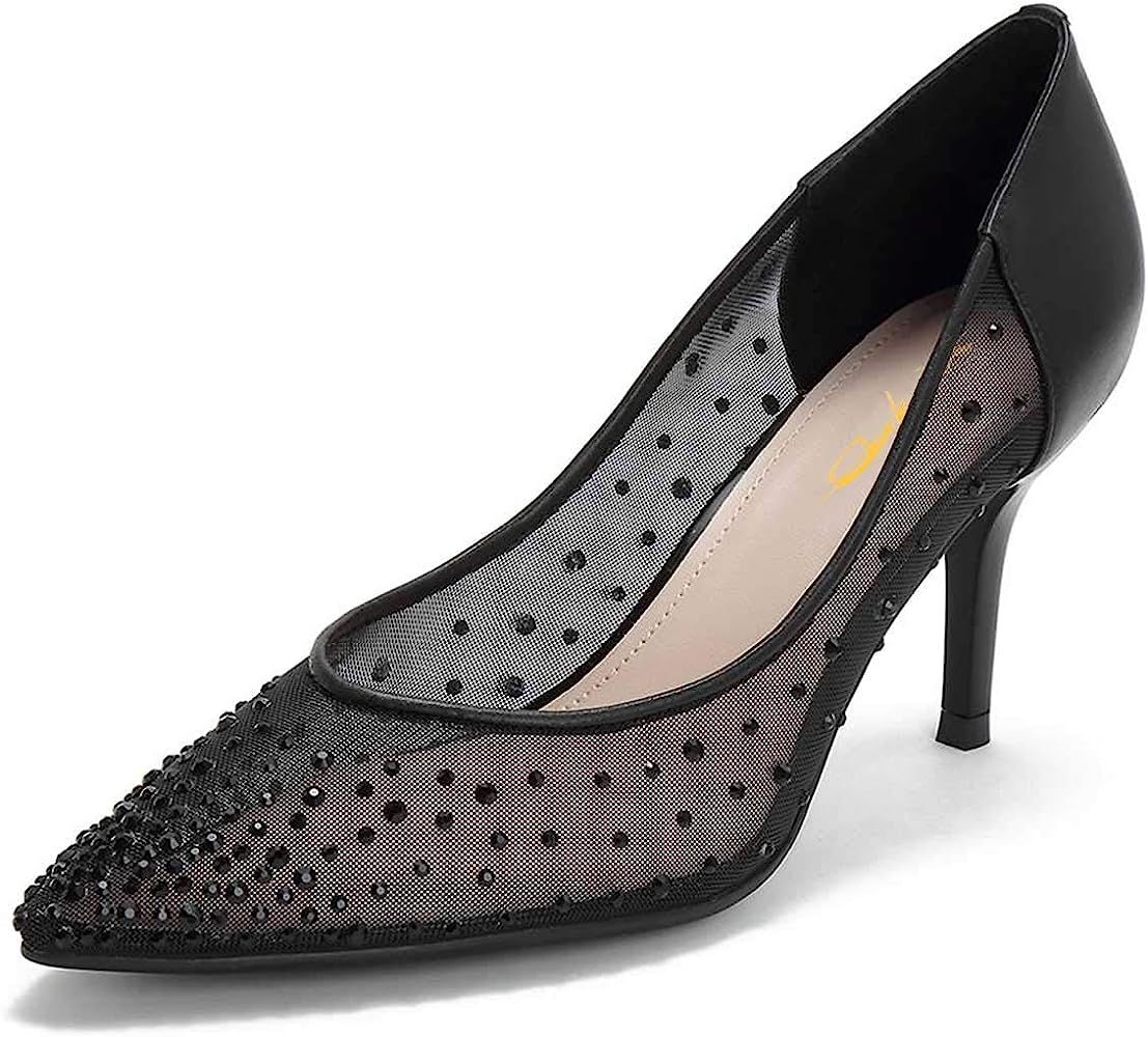 XYD Women Mid Kitten Heels Pumps Rhinestones Mesh Slip On Pointed Toe Evening Dress Shoes | Amazon (US)