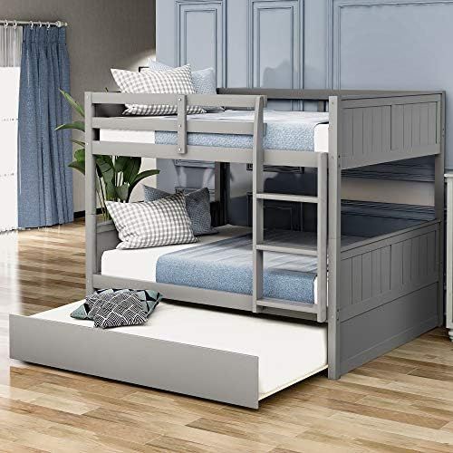 Full Over Full Bunk Bed for Kids Teens, Detachable Wood Full Bunk Bed Frame with Trundle (Grey) | Amazon (US)