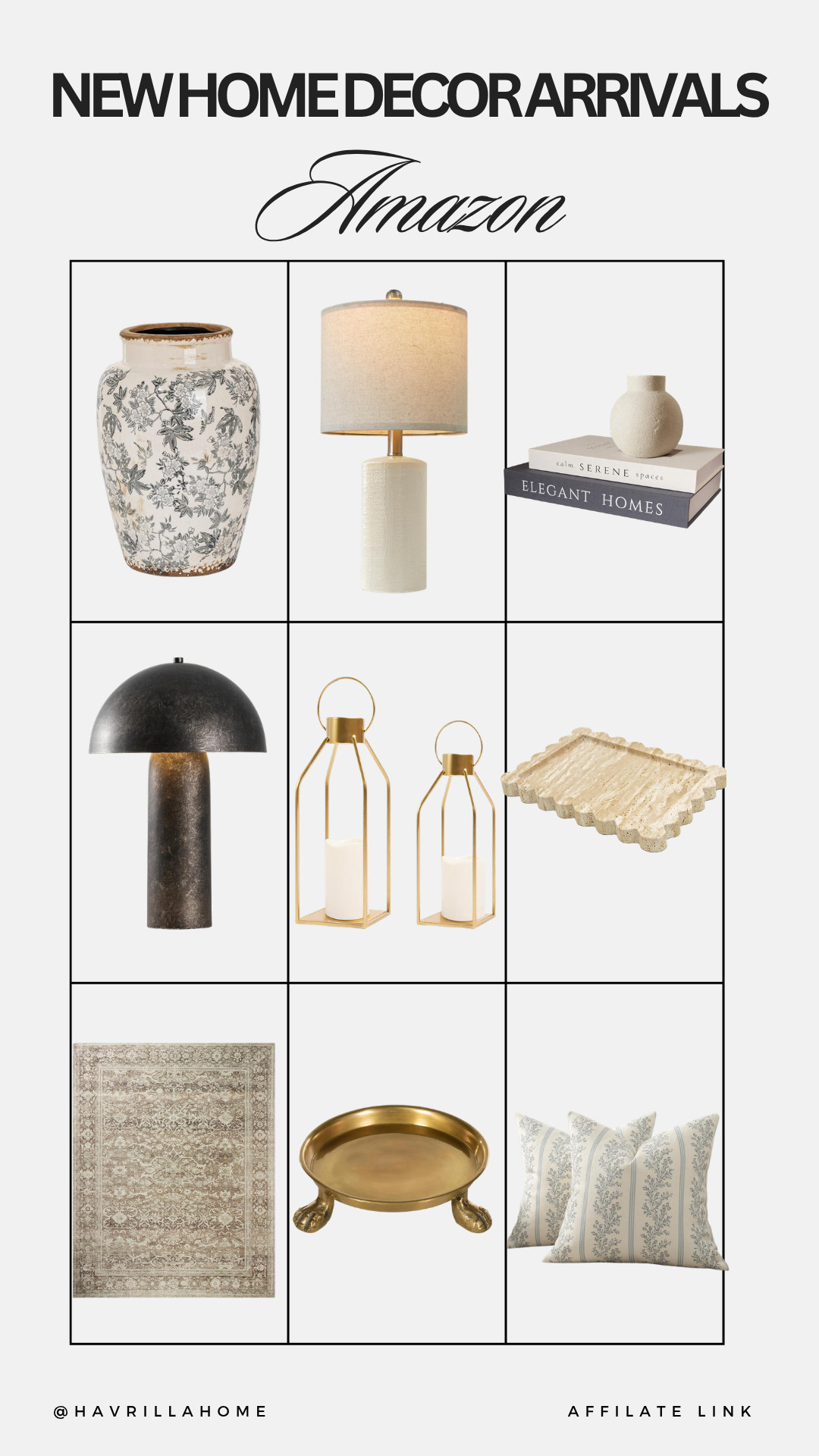 Amazon New Home Decor Arrivals:
new home decor arrivals, Amazon home decor finds, neutral home accessories, decorative vase, table lamp decor, faux books styling, accent lighting, decorative lanterns, vintage inspired rug, throw pillow covers, brass tray decor, coffee table styling, modern traditional decor, affordable home decor, designer inspired finds

#LTKHome #LTKSaleAlert