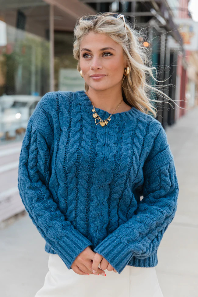 A Cozy Place Navy Cable Knit Crew Neck Sweater | Pink Lily
