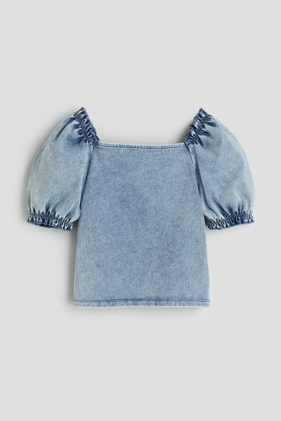 Puff-sleeved Top - Denim blue - Kids | H&M US | H&M (US + CA)