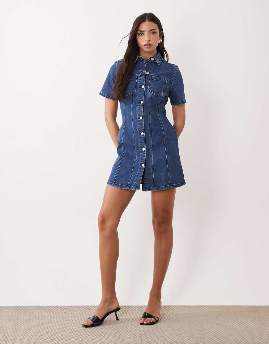 ASOS DESIGN denim fitted mini shirt dress in rich blue | ASOS (Global)
