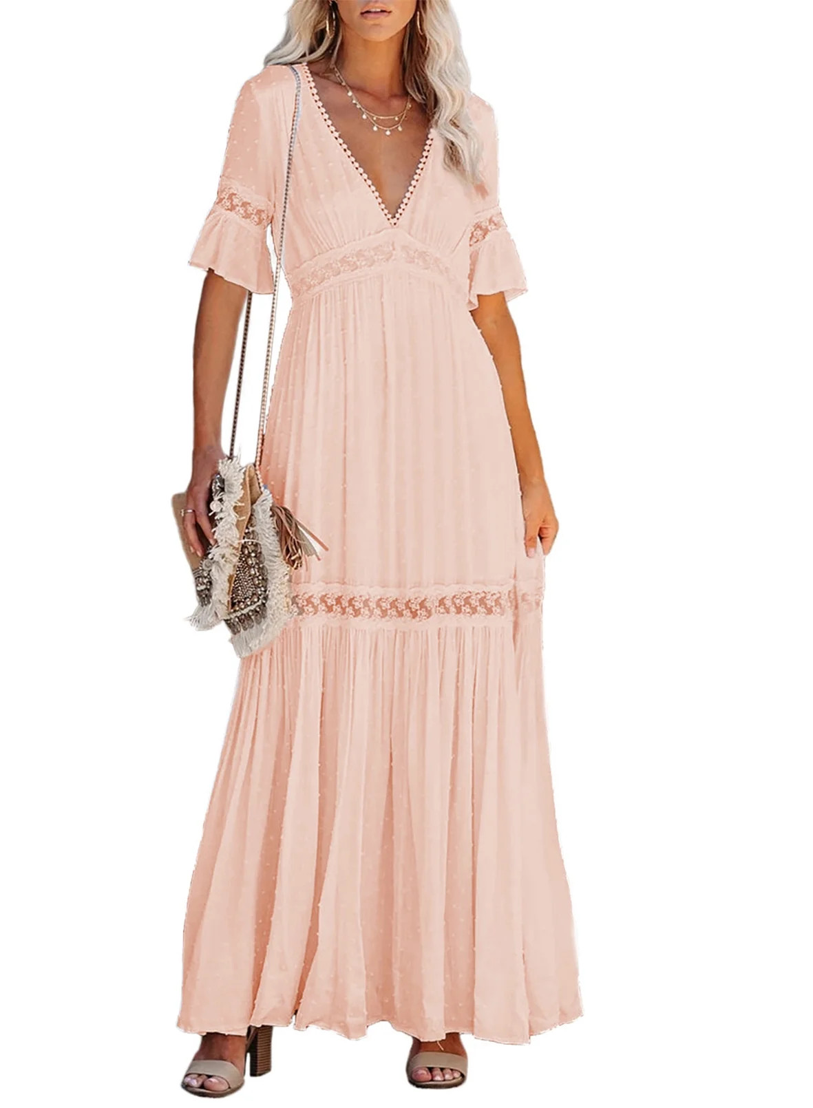 Dokotoo Women's Maxi Dress V Neck Lace Swiss Dot Short Sleeve Wedding Evening Party Dresses | Walmart (US)