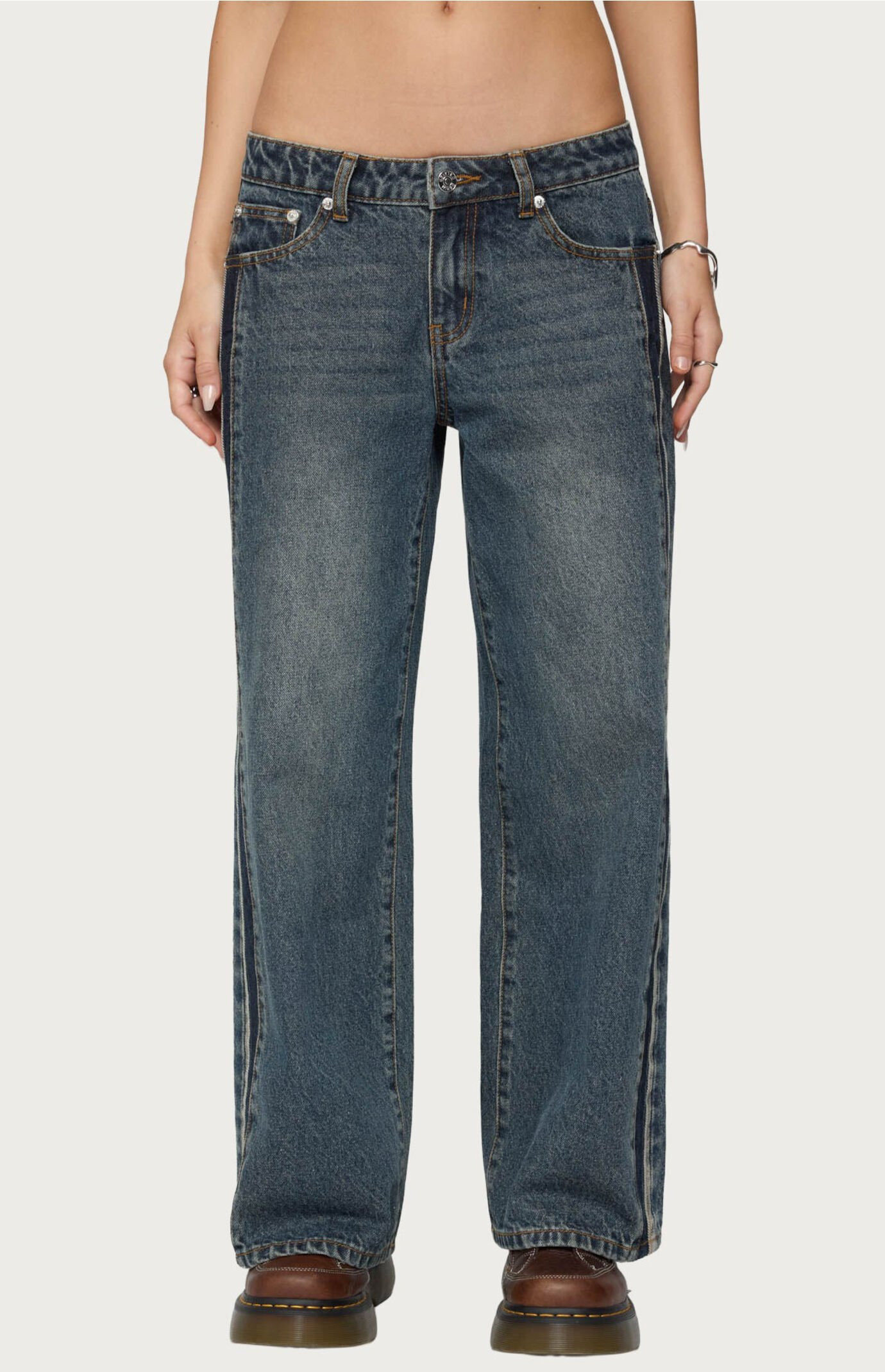 Edikted Women's Petite Contrast Panel Low Rise Jeans in Dark Blue - Size XS | PacSun