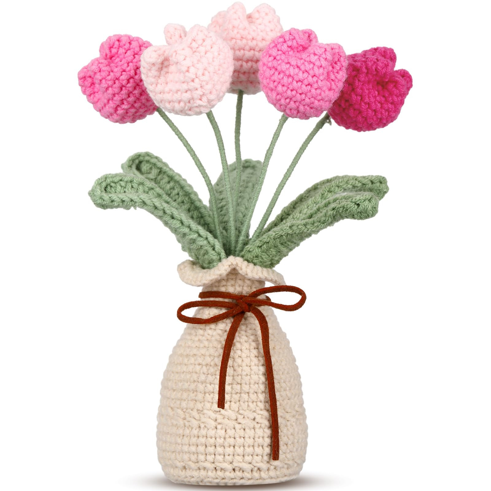Marsui Crochet Knitting Tulip Bouquet with Vase 7" Knitted Artificial Forever Tulip Handmade Wove... | Amazon (US)