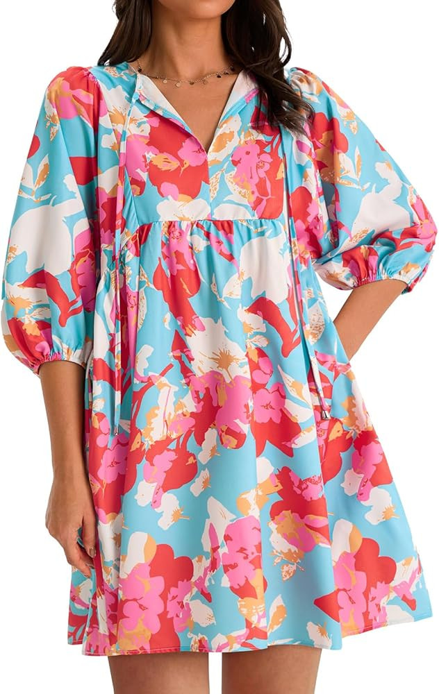 Yousify Womens Summer Dresses Floral Mini Babydoll Dress V Neck Puff Sleeve Loose Fit Boho Beach ... | Amazon (US)