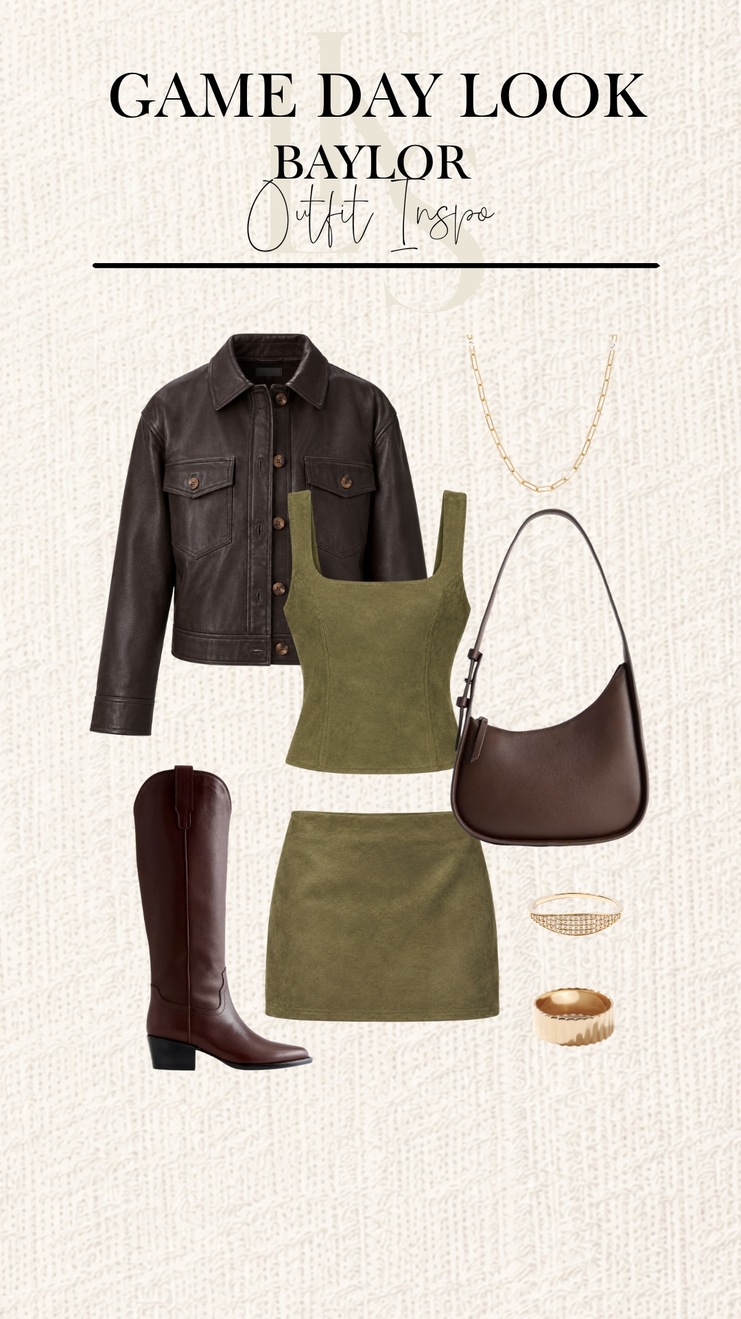Game-day style in Baylor colors 💚🤎 An olive mini set, leather jacket, tall boots, and rich brown accessories make this look an easy win for the tailgate. Tap to shop the full outfit! 

 