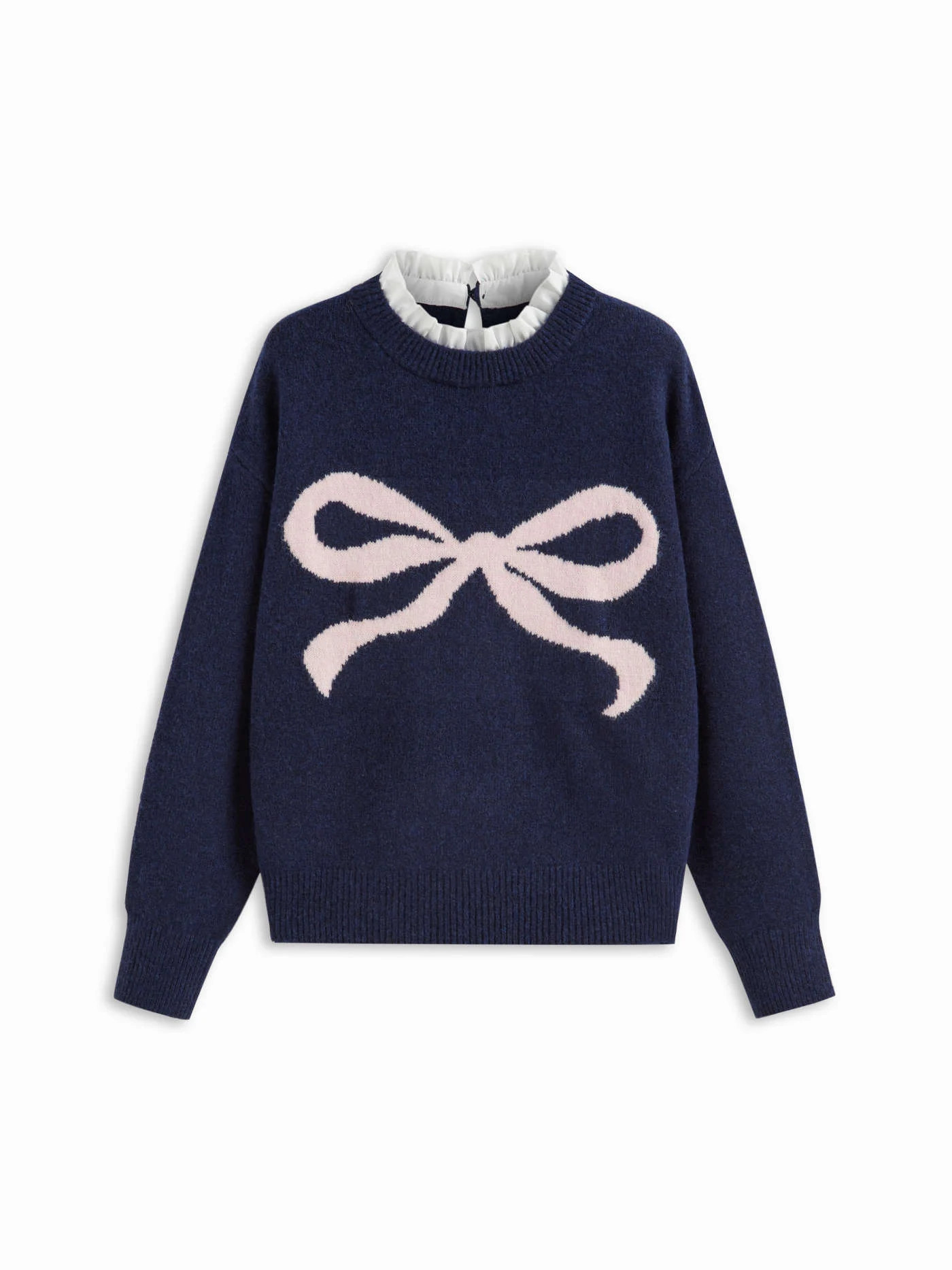 Knit Round Neckline Bowknot Graphic Lettuce Trim Long Sleeve Top | Cider