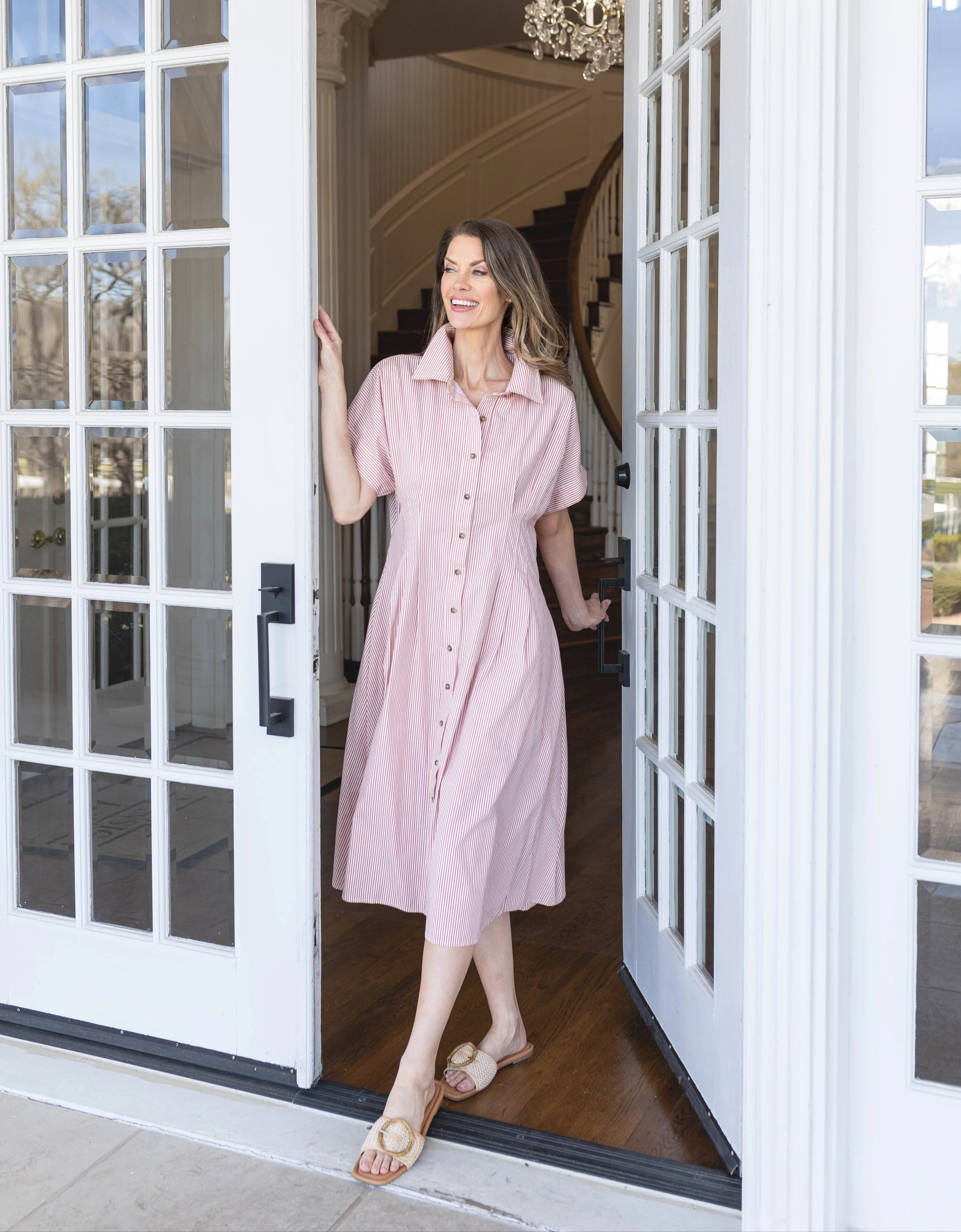 Kim Red Stripe Shirt Dress – Lightweight Button-Front Midi with Pockets | Kim Lolley Designs