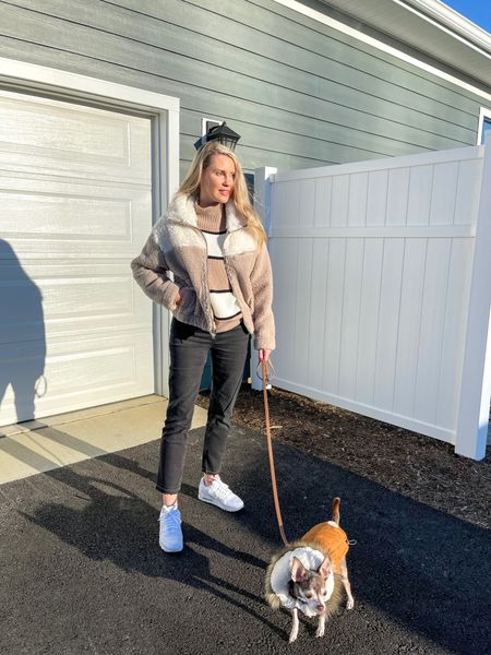Such a warm and cozy sherpa jacket!

Winter outfit, dog coat, striped sweater, black jeans, white sneakers, dog harness 

#LTKunder100 #LTKSeasonal #LTKstyletip
