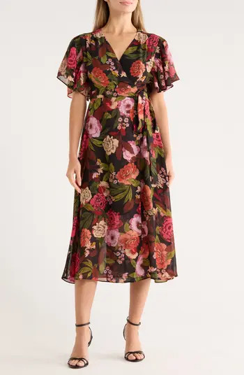 Vince Camuto Floral Flutter Sleeve Chiffon Faux Wrap Dress | Nordstromrack | Nordstrom Rack