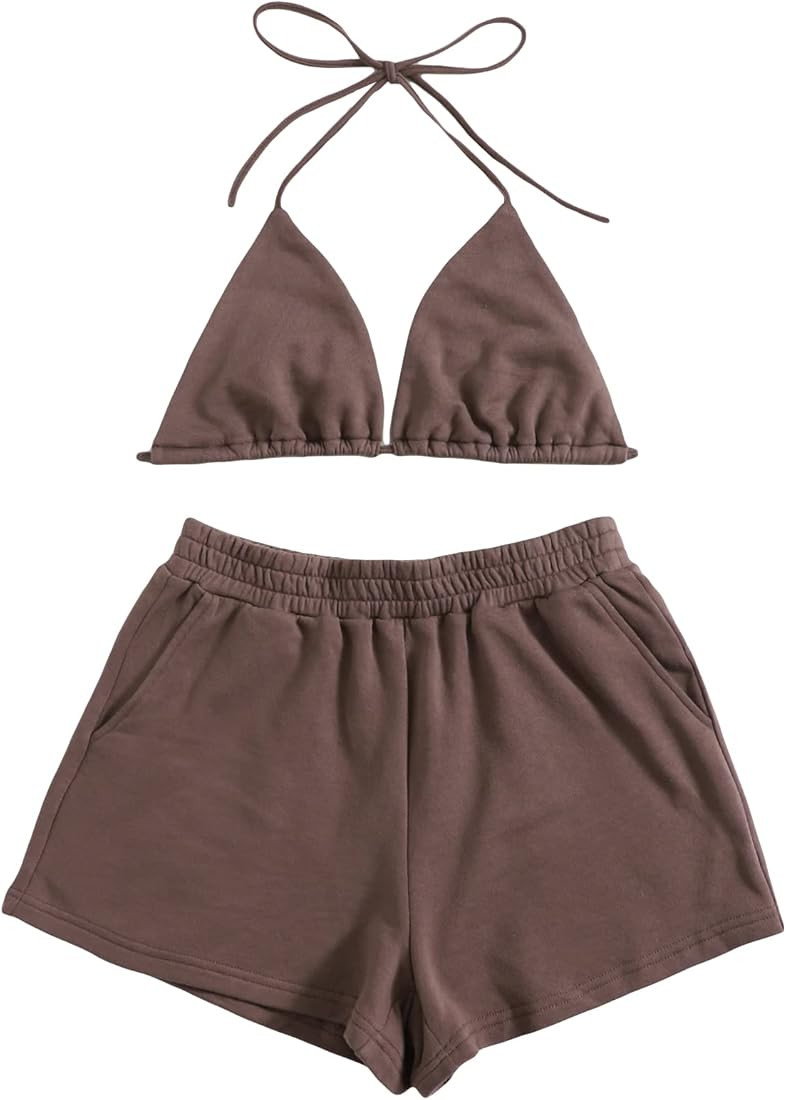 Verdusa Women's 2 Piece Outfit Tie Back Triangle Halter Top and Short Sets | Amazon (US)