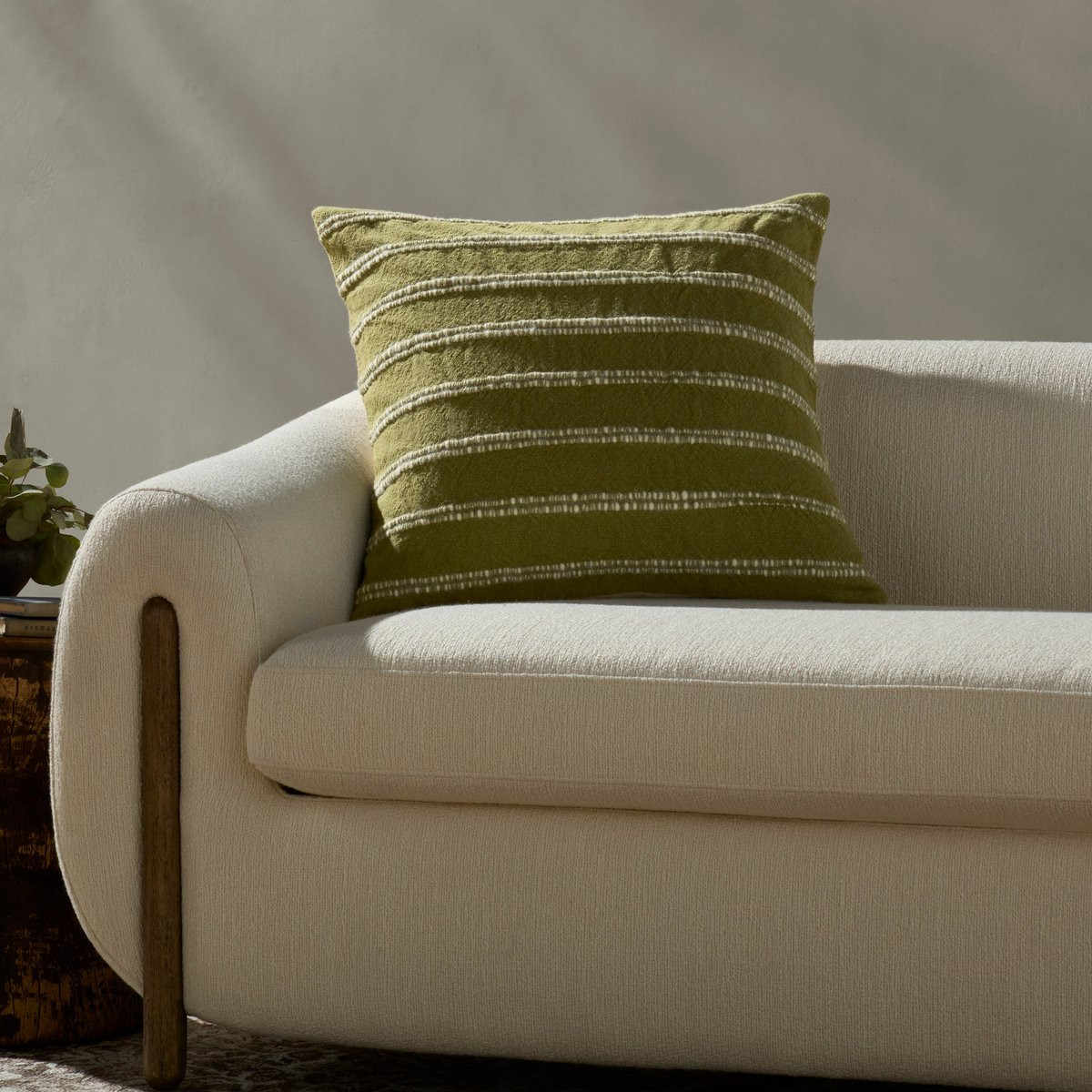 Landry Pillow PMH-0072 Green/Natural Cotton/Wool Striped | Rugs Direct