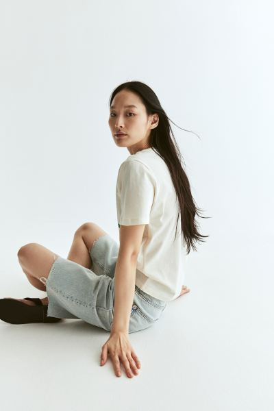 Printed T-shirt - Round Neck - Short sleeve - Cream/oranges - Ladies | H&M US | H&M (US + CA)