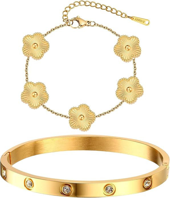 MPRAINBOW Womens Stackable Gold Bracelets Jewelry, 18K Gold Plated Floral Bracelet,Bangles Non Ta... | Amazon (US)