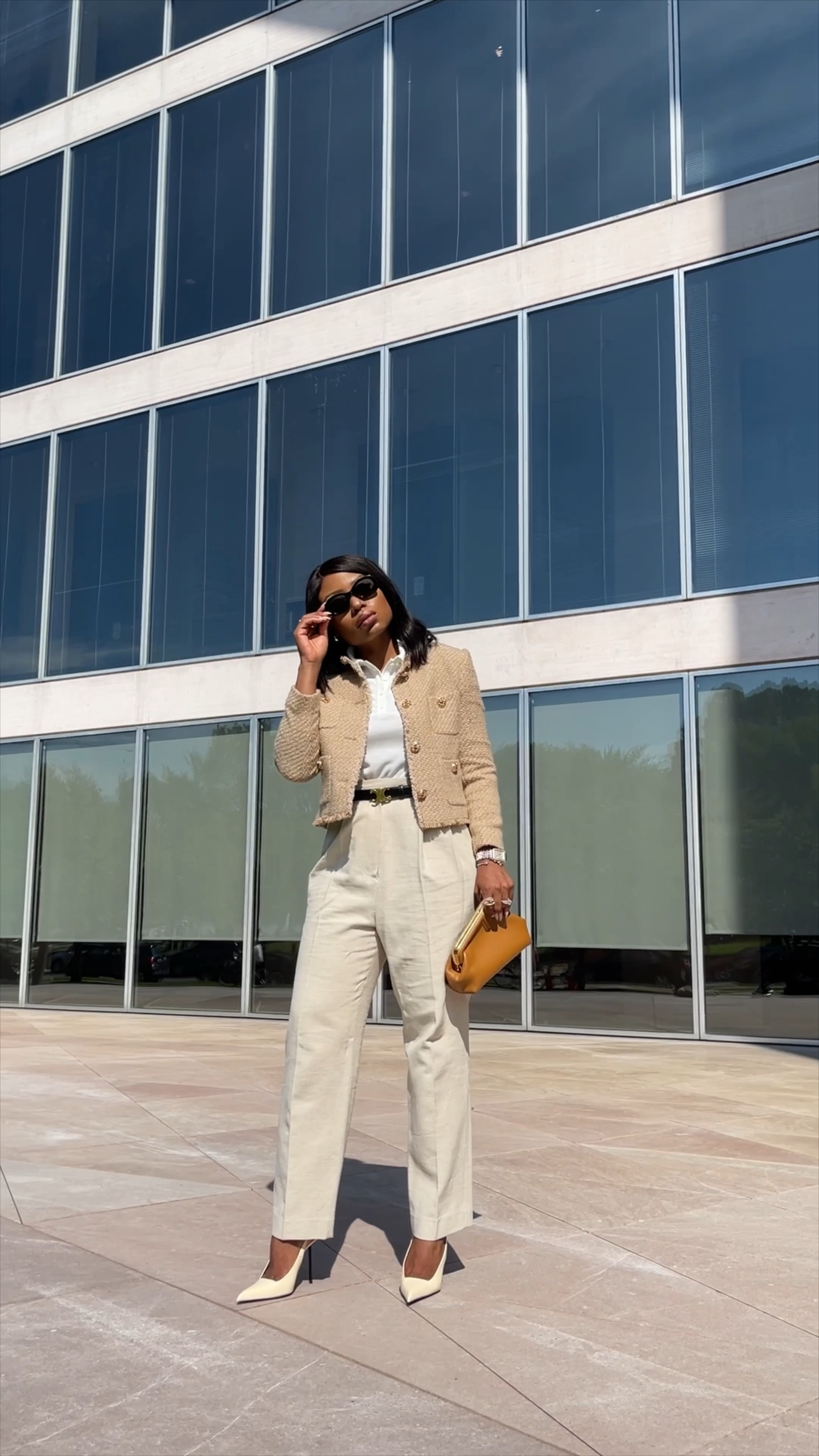 Neutral work outfit in tweed jacket and black belt, knit top and beige pumps

#workwear
#workoutfit
#tweedjacket
#ysl


#LTKU #LTKSeasonal #LTKworkwear