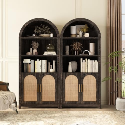 RowyPoey Rattan Arched Cabinet Bookshelf - 69.3” Tall Mid Century Display Cabinet, Rounded Bookcase with Rattan Doors, Open Shelf Storage for Dining Room (Dark Rustic Oak, 2 PCS) | Amazon (US)