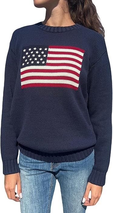 Womens American Flag Sweater Long Sleeve Round Neck Sweater Aesthetic Knitted Pullover Top | Amazon (US)