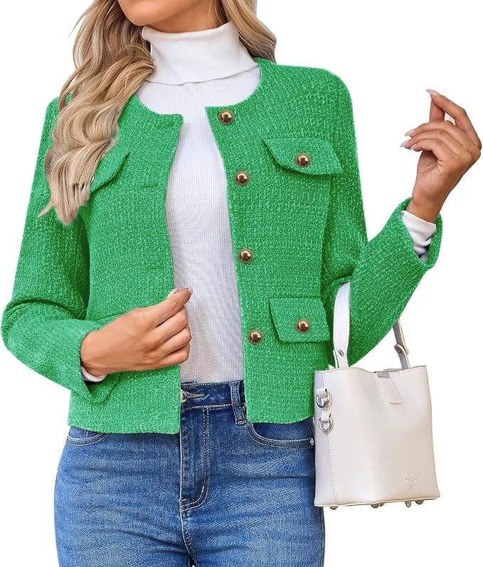 Women's Tweed Blazers Jackets Casual Long Sleeve Button Down Business Short Casual Cropped Coats | Amazon (US)