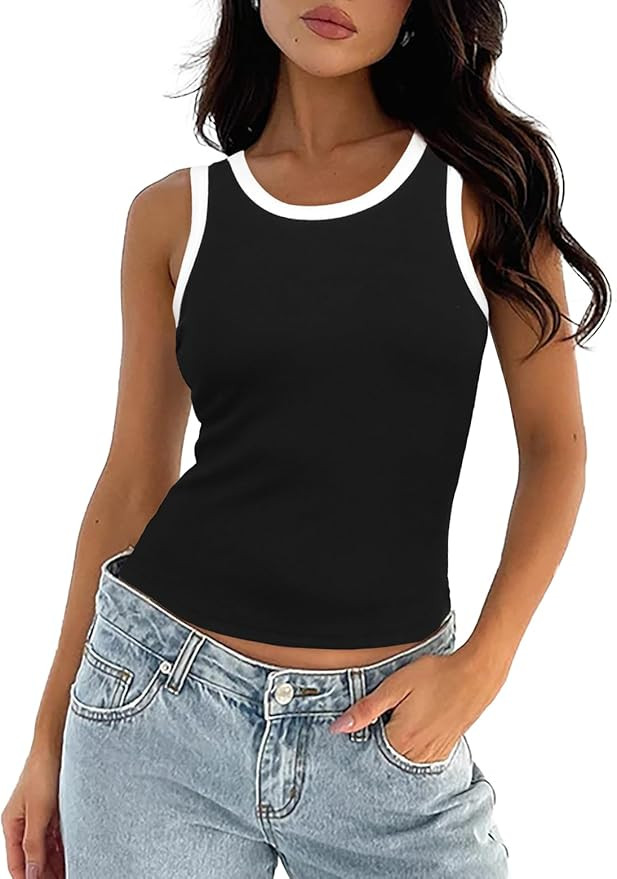 Darong Women's Summer Sleeveless Tank Top Striped Form Fitting Crew Neck Ribbed Knit Basic Cami S... | Amazon (US)