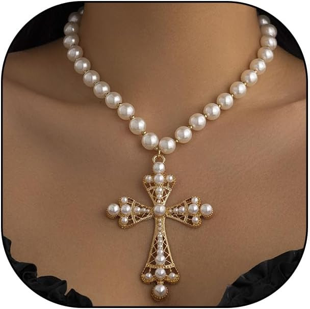 Y2K Goth Faith Cross Necklace with Faux Pearl Chain Double Layers Long Tassels Cross Pendant Neck... | Amazon (US)