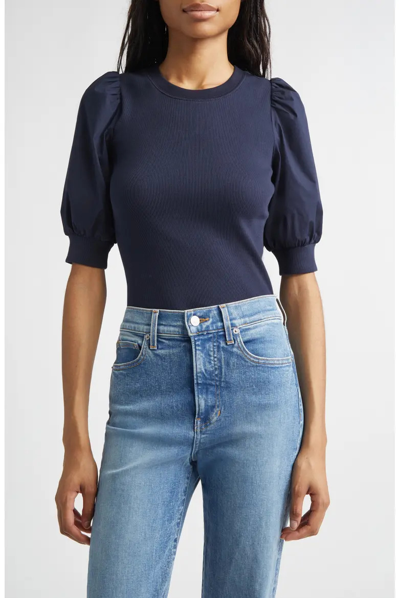 Coralee Mixed Media Puff Sleeve Stretch Cotton Top (Women) | Nordstromrack | Nordstrom Rack