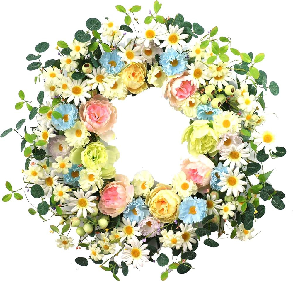 24” Artificial Flower Wreath,Daisy and Rose Wreath Colorful Spring/Summer Floral Wreath for Fro... | Amazon (US)