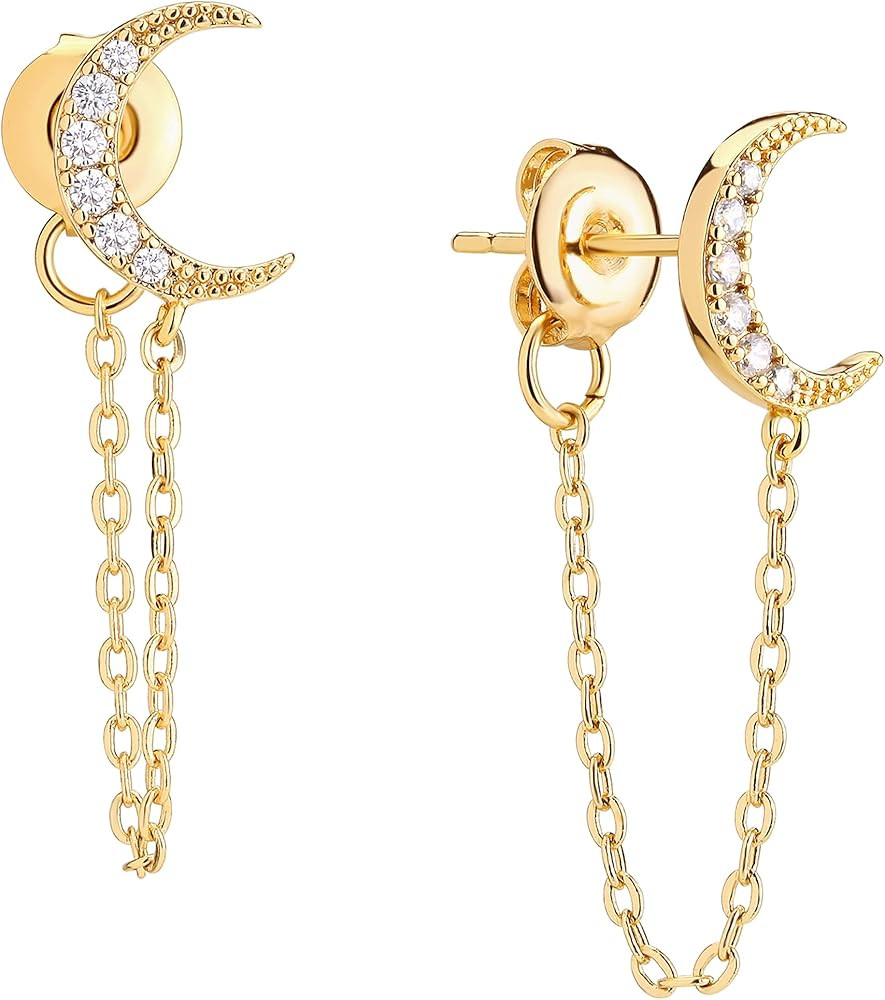 Mevecco Women Dainty Chain Stud Earrings 18K Gold Plated Star Moon Diamond CZ Cubic Zriconia Inla... | Amazon (US)