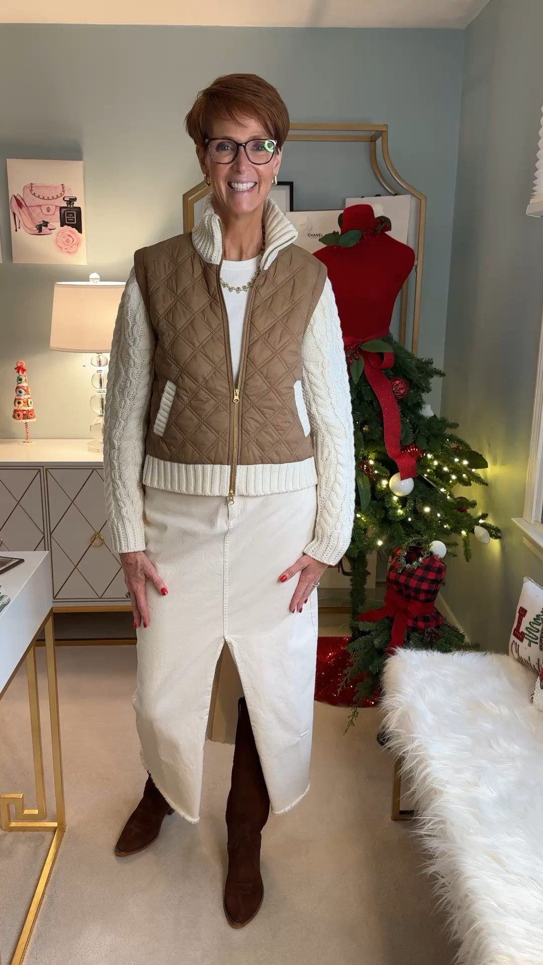 Hi! For reference, I am 55 years old, I am 6’1”. I have a 35” inseam. I wear a small or medium in most tops, an 8 or a 10 in most bottoms, an 8 in most dresses, and a size 9 shoe. 
Make sure to subscribe to my newsletter found in my bio so you don’t miss on out on my must have favorites! And download the LTK app, follow my LTK shop, and favorite this post or your favorite items to get notified when they go on sale!
Over 50 fashion, tall fashion, workwear, everyday outfits, timeless outfits, Classic Outfits, winter wear, winter outfit, dress boots, cream skirt, 

#LTKWatchNow #LTKOver40 #LTKStyleTip