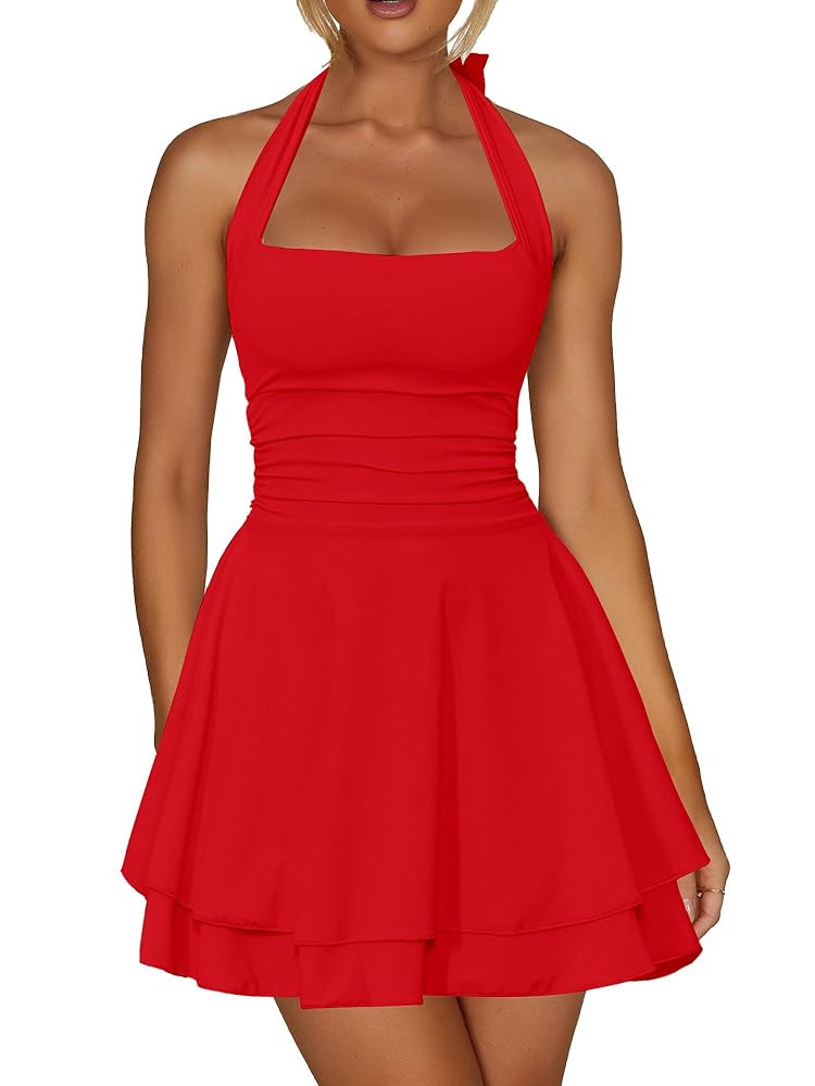 Kaximil Women's Sexy Halter Ruffle Hem Mini Dress Ruched Waist Corset Short Party Dresses | Amazon (US)