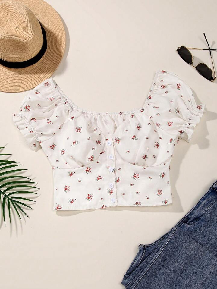 SHEIN WYWH Women's Small Floral Pattern Puff Sleeve Shirt | SHEIN