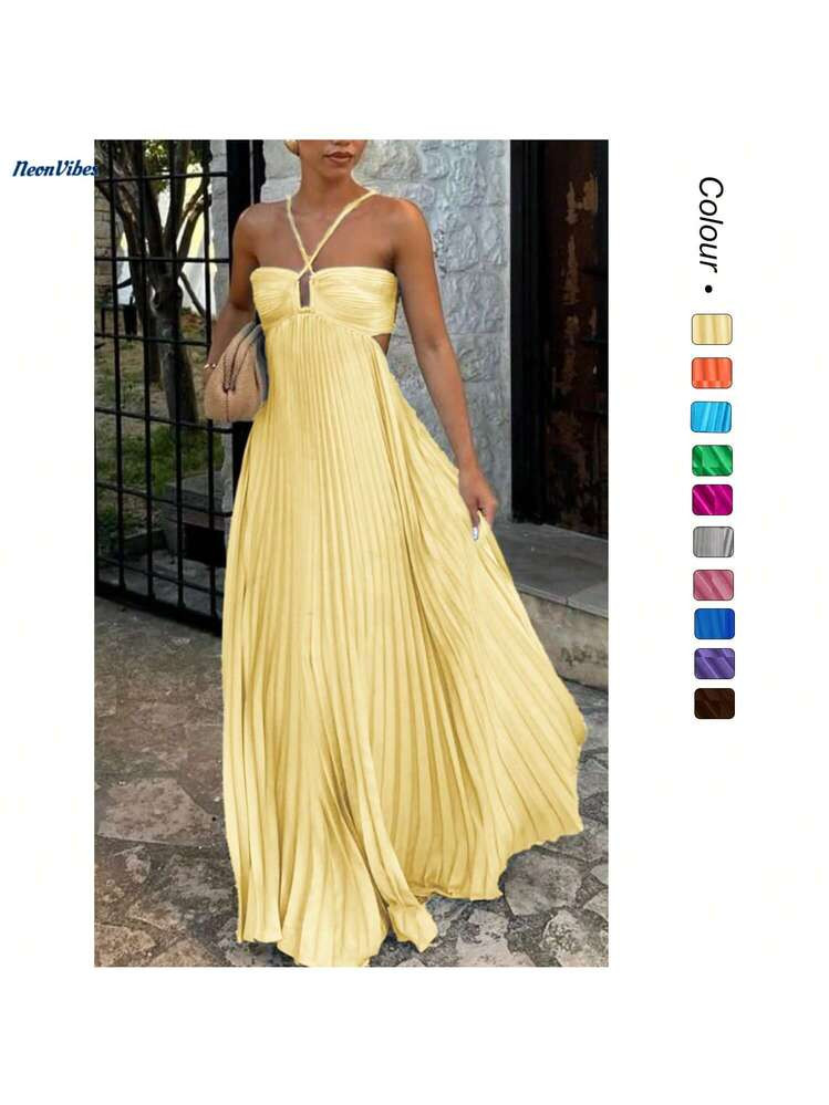Women's Spaghetti Straps Maxi Dress Flowy Pleated Swing Beach Long Dress Low Backless Sundress | SHEIN