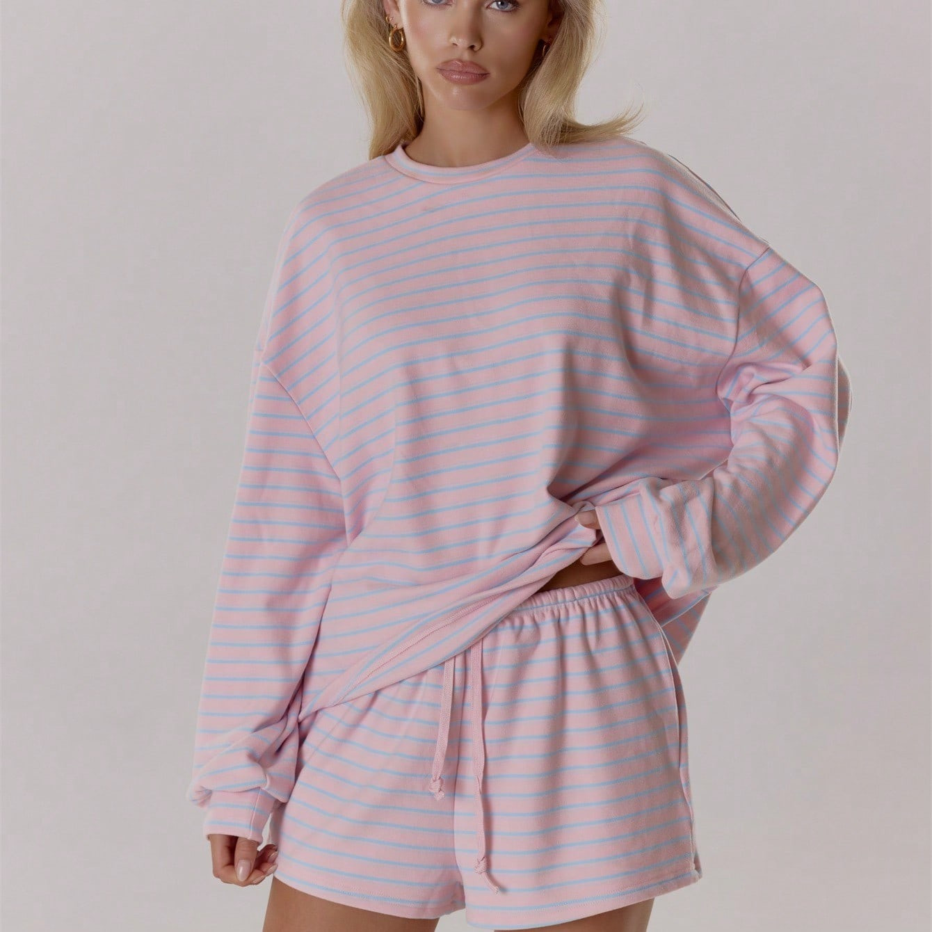 MUSERA Elasticated Waist Tie Front Relaxed Fit Soft Striped Shorts Only Fall Autumn Cosy Cute Casual Coffee Club Elegant Spring Summer | SHEIN