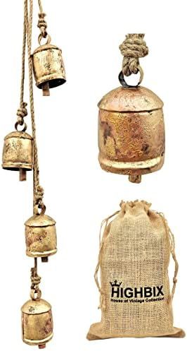 HIGHBIX Harmony 4 Cow Bells Cluster on Rope Large Rustic Vintage Lucky Cow Bells On Rope Wall Han... | Amazon (US)