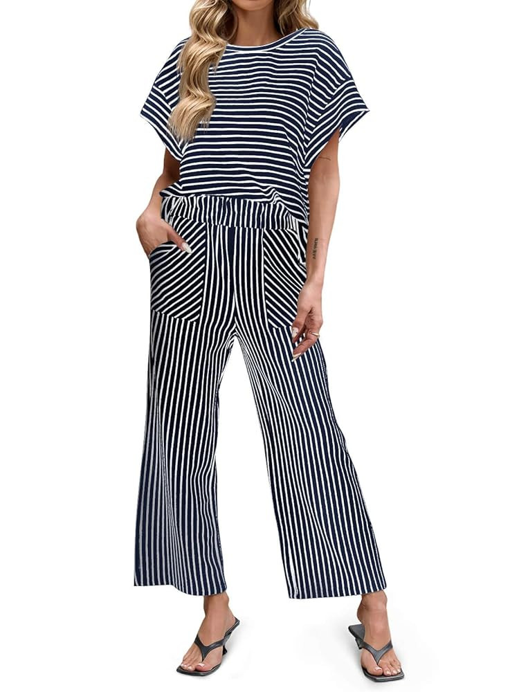 Tankaneo Womens Striped 2 Piece Sets Short Sleeve T Shirts Wide Leg Pants Matching Lounge Set wit... | Amazon (US)