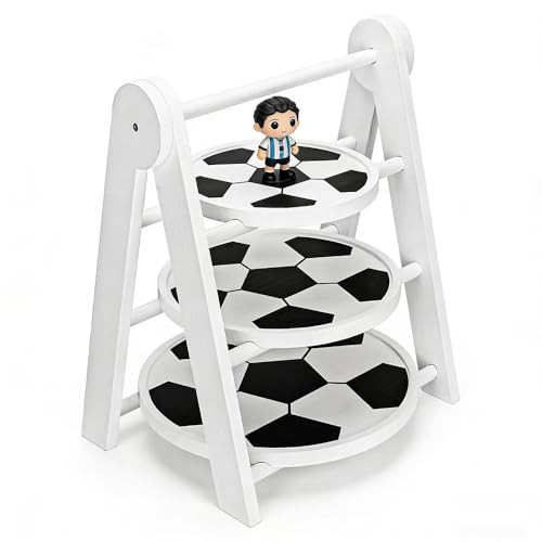 3 Tier Soccer Football Serving Tray Stand, White Wooden Round Tiered Food Platter, Reusable Dessert Cupcake Snack Display Holder for Birthday, Game Day, Tailgate, Kids Party Buffet Table Decor | Amazon (US)